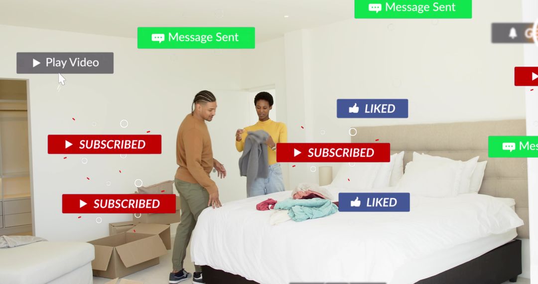 Couple Unpacking in Modern Bedroom with Social Media Subscribed, Liked and Message Overlays