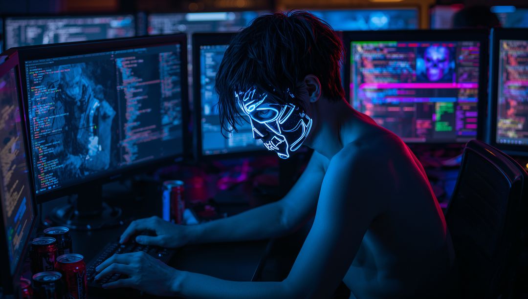 Shirtless Man with LED Mask Coding at Futuristic Workstation
