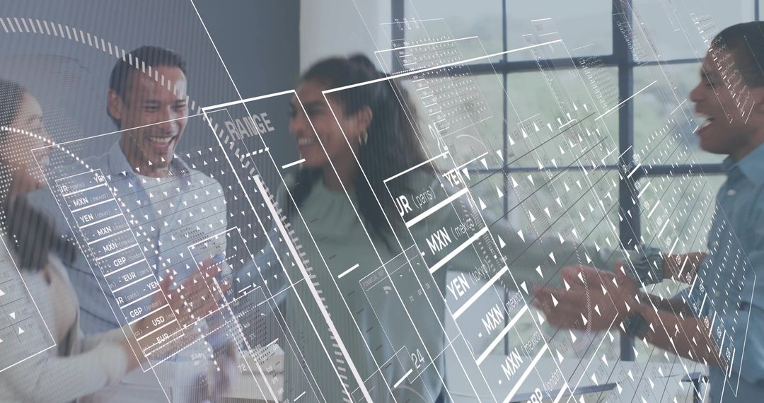 Business team celebrating analytics win with transparent dashboard in modern office