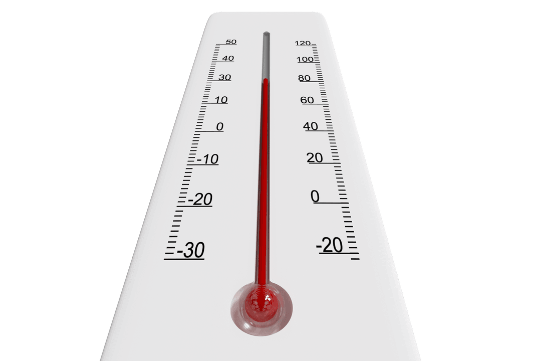 Close up of transparent thermometer gauge displaying temperature range