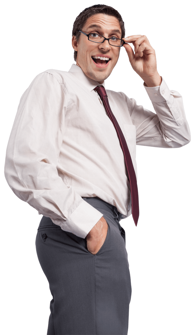 Confident Businessman in Professional Attire Adjusting Glasses on White Background