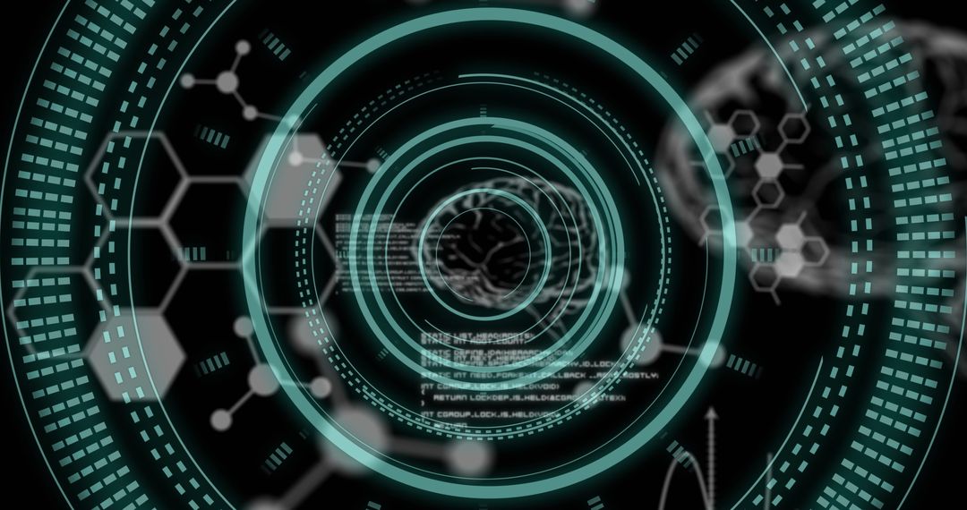 Futuristic Virtual Interface with Digital Brain and Data Graphics