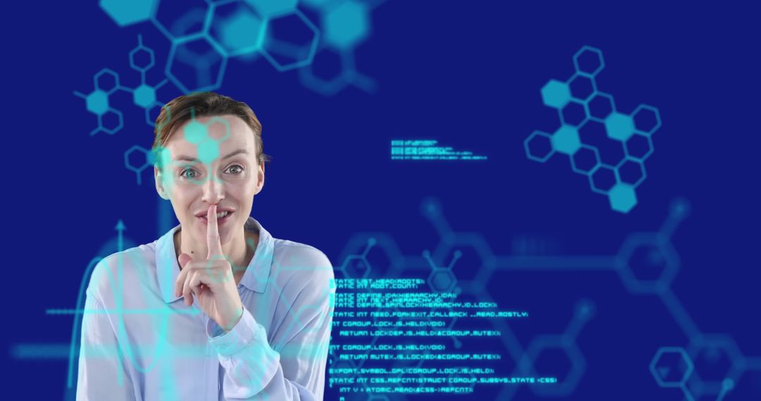 Woman Signaling Quiet Surrounded by Digital Data in Futuristic Office