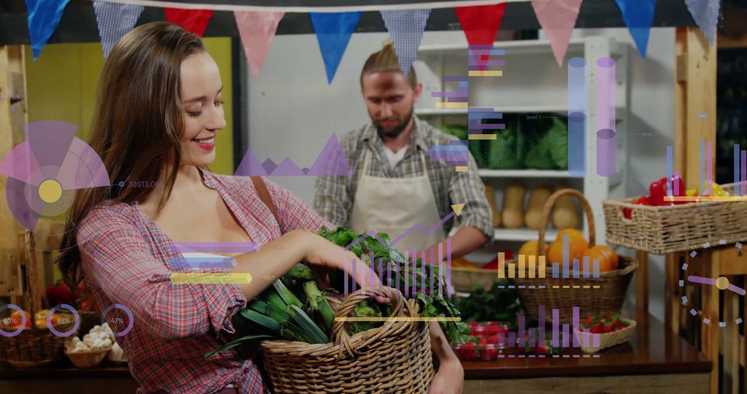 Woman Grocery Shopping with Digital Data Overlays