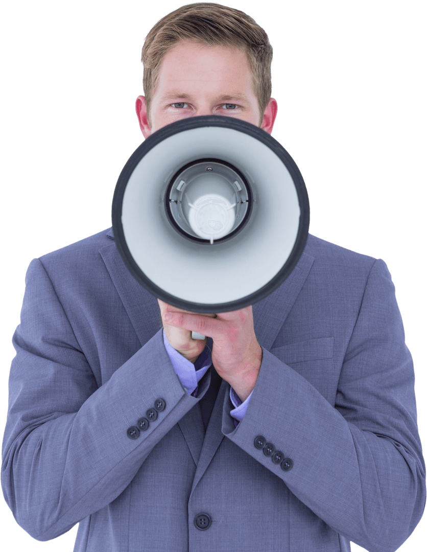 Businessman Announcing with Transparent Holding Megaphone