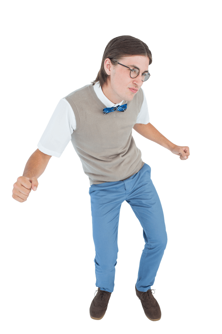 Geeky Hipster Dancing with Joy on Transparent Background