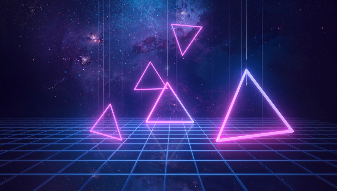 Floating Neon Triangle Wireframes Glowing Over Retro Grid with Starry Nebula Backdrop