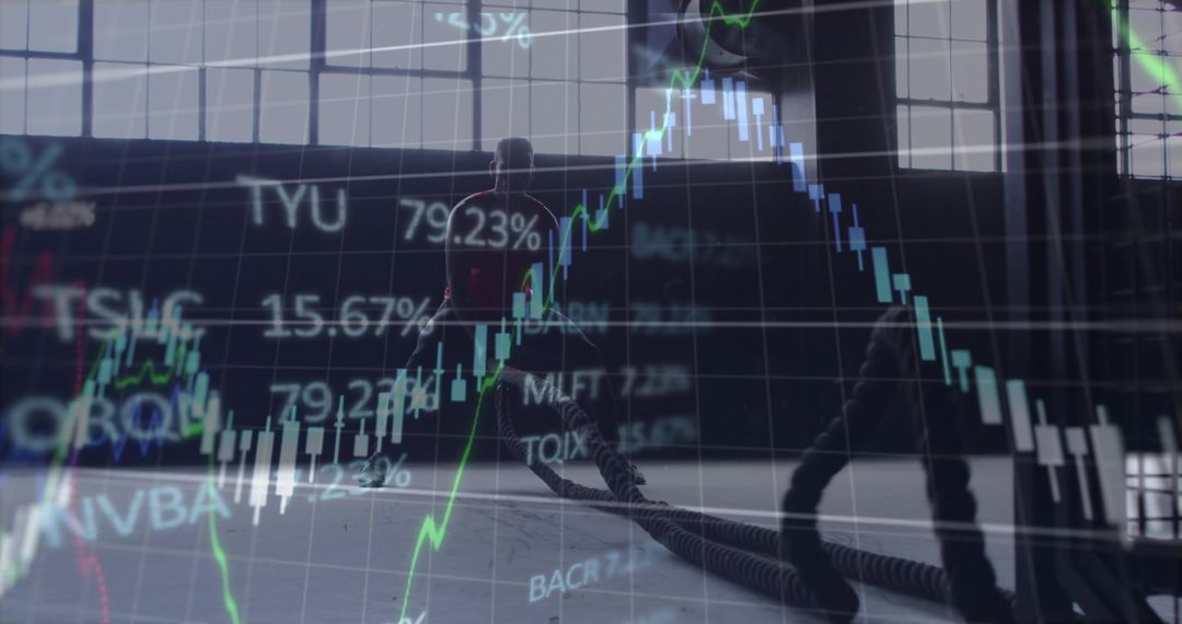 Men Training with Battle Ropes in Gym with Financial Data Overlay