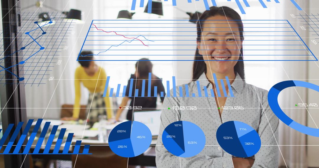 Smiling Woman with Data Visualization Overlay in Office Environment