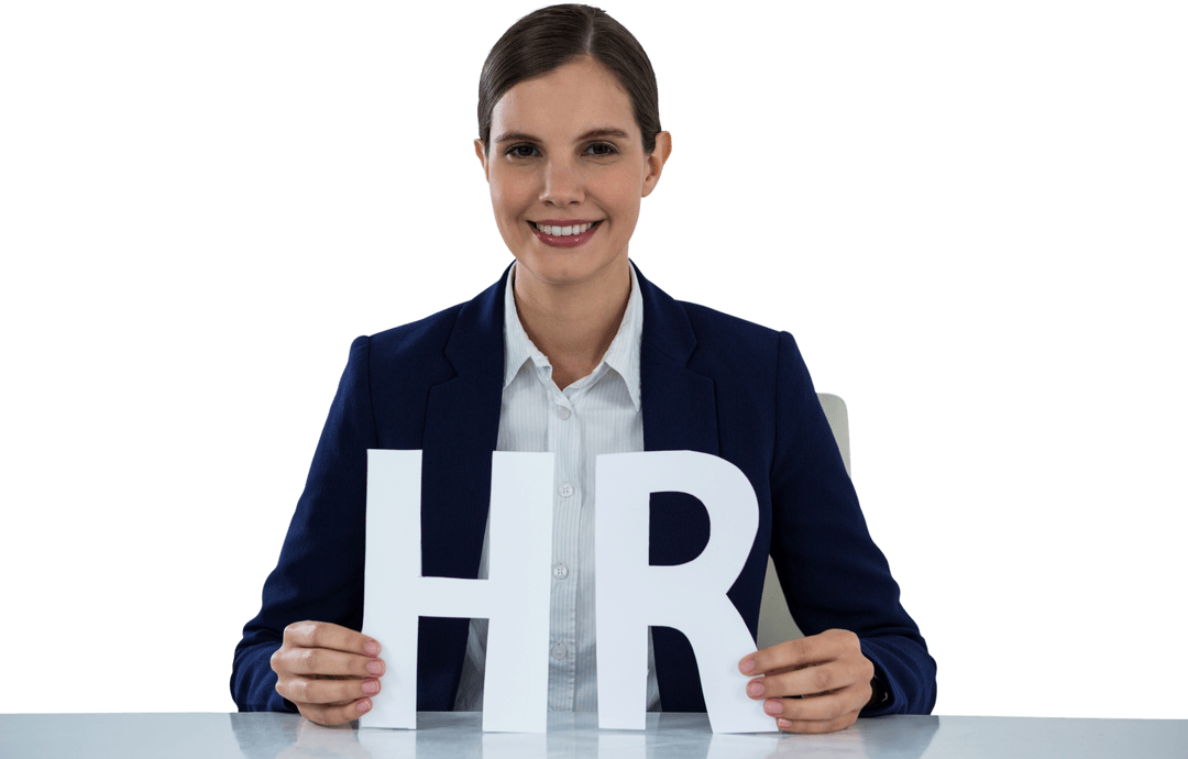 Business Woman Smiling Holding Transparent HR Letters