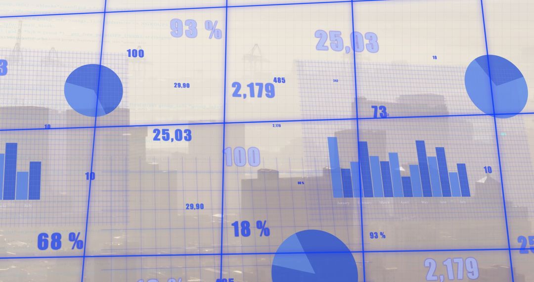 Digital Screen with Business Graph Graphics Overlayed on Foggy Cityscape