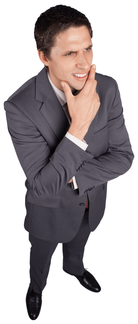 Transparent Businessman Touching Chin in Thoughtful Pose