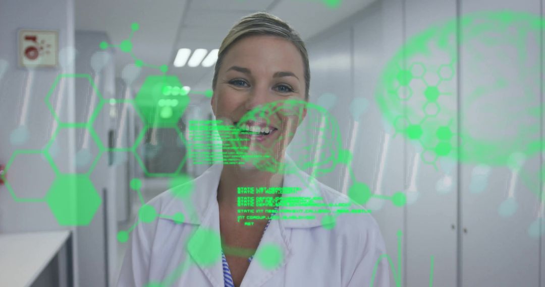 Smiling Doctor with Holographic Medical Data in Modern Corridor