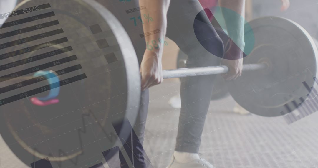 Man Lifting Barbell Amid Digital Data Interface at Gym