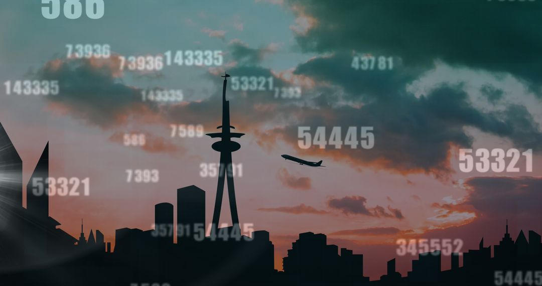 Silhouette of Cityscape with Numbers and Airplane in Flight