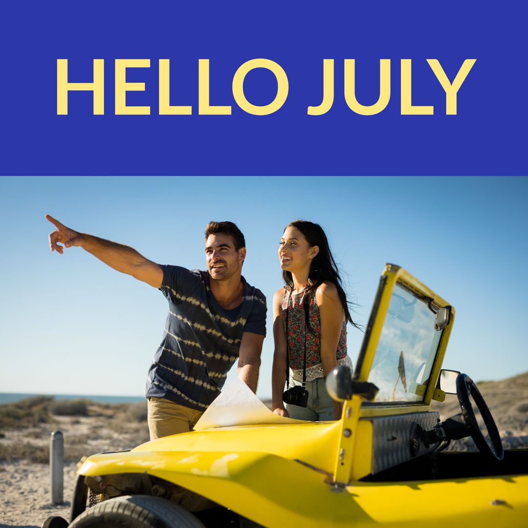 Couple with Map by Car on Beach Celebrating July