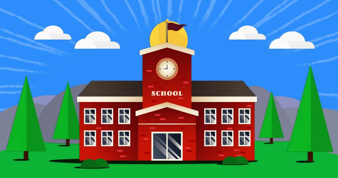 Red Brick School Building With Clock and Flag