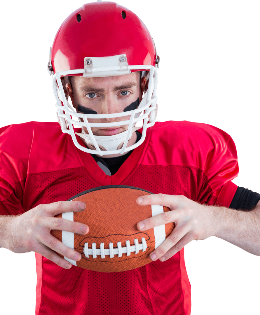 Transparent Focused Football Player in Red Gear Holding Ball