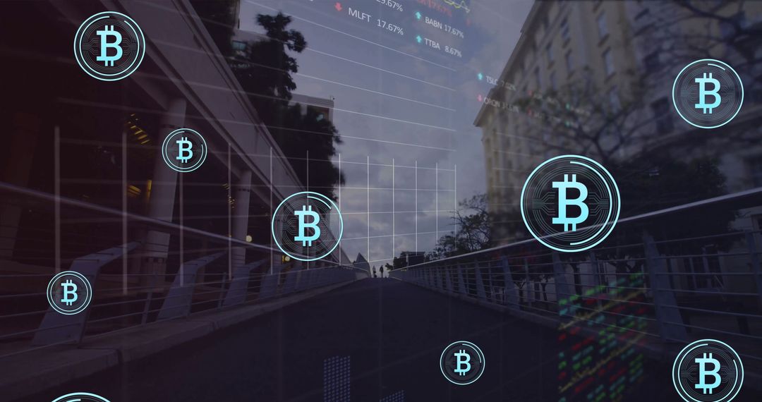 Bitcoin Symbols Overlay on Urban Street Scene