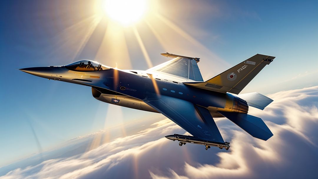 F16 fighter jet gliding above cloud ocean with sunburst