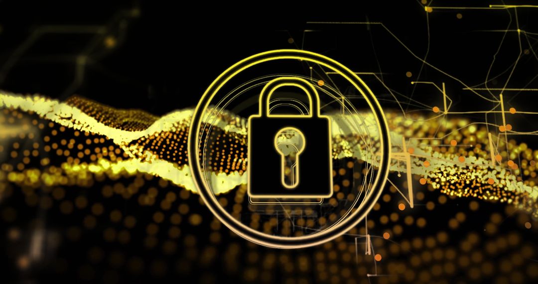 Digital Lock Symbol over Golden Particle Cybersecurity Backdrop