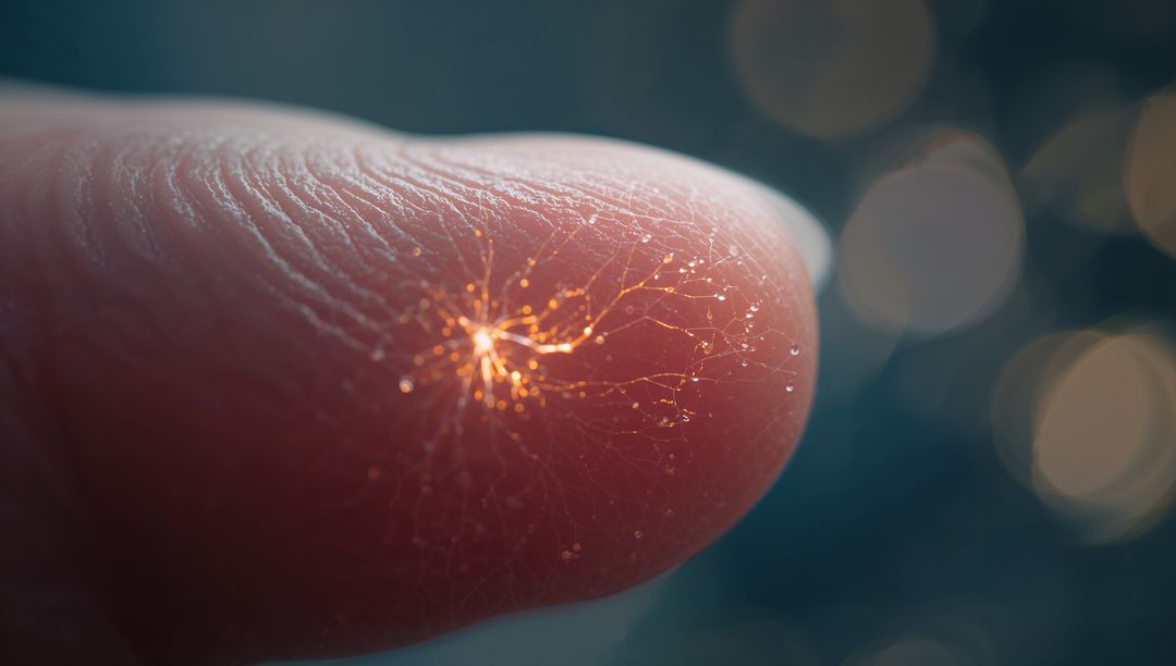 Fingertip Showing Glowing Neural-Like Filaments Macro Closeup with Warm Bokeh
