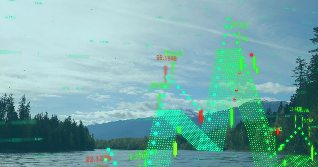 Nature Scene with Financial Data Overlay Symbolizing Eco-Tech Balance