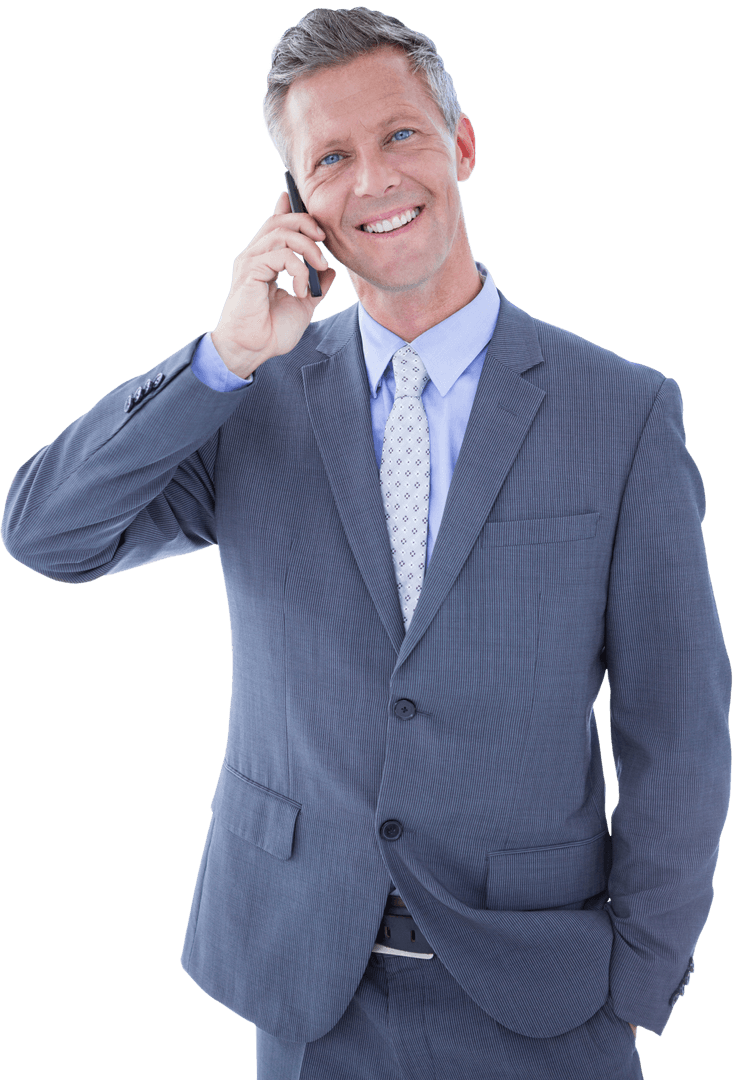 Smiling Businessman in Gray Suit Talking on Mobile Phone Transparent Background