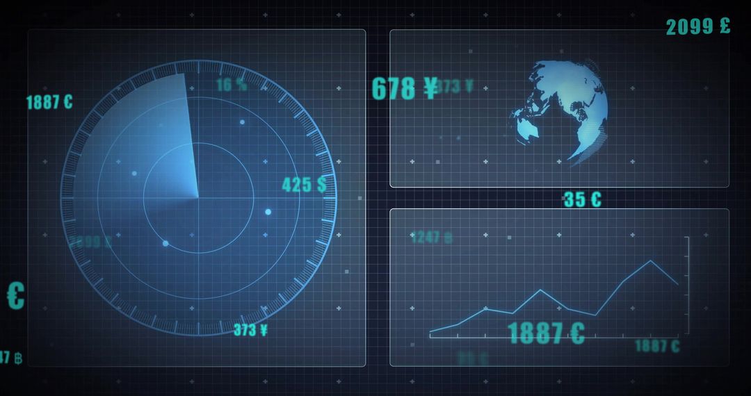 Futuristic data processing display with currency and graphs
