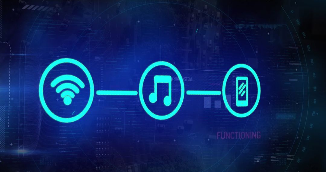 Digital Network and Data Processing Icons on Blue Background