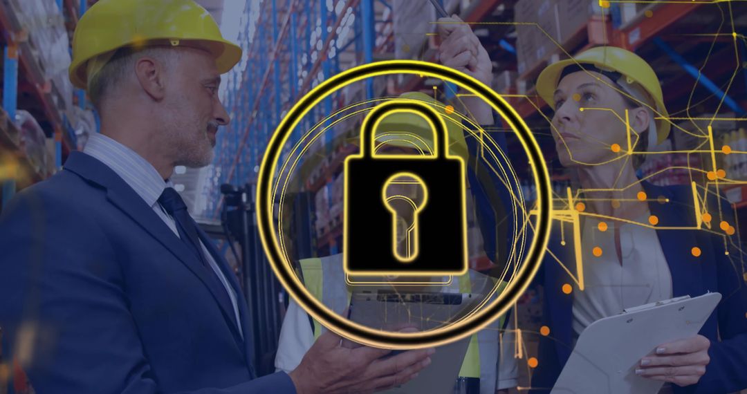 Warehouse Professionals Auditing Security with Padlock Overlay