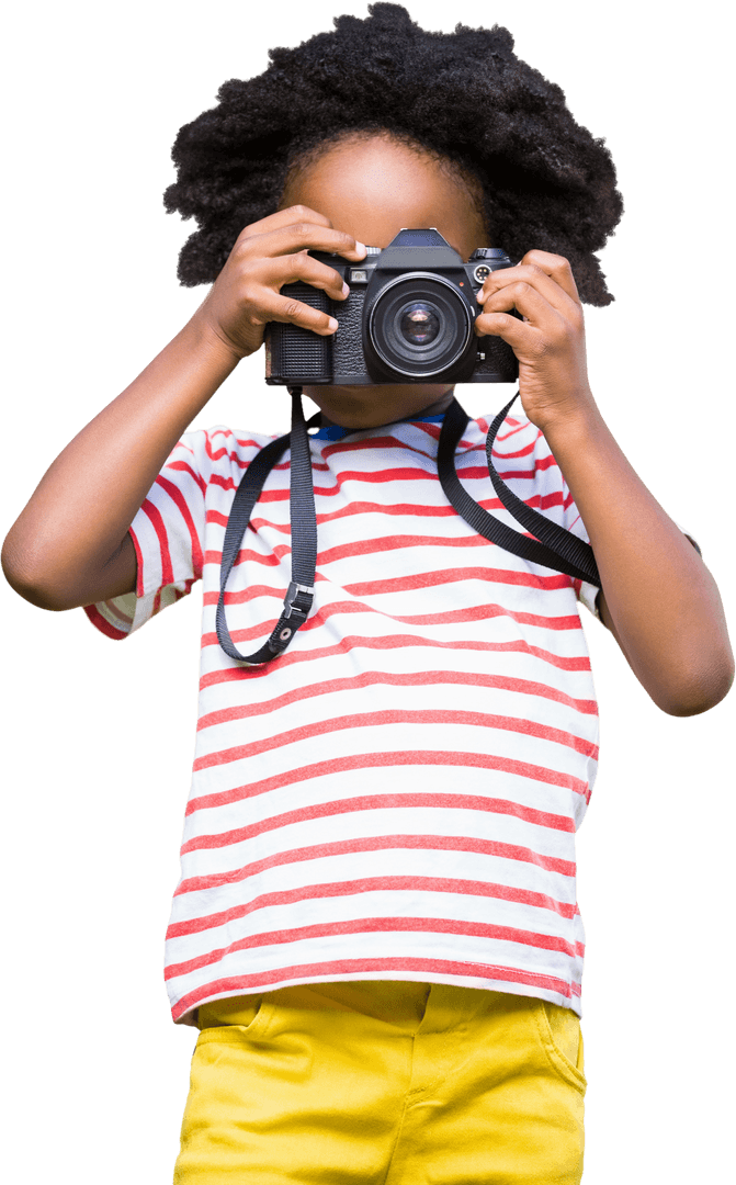 Kid with Camera and Stripe Shirt on Transparent Background