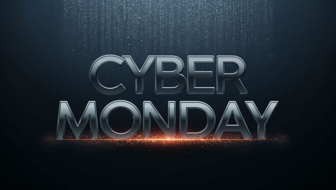 Cyber Monday metallic 3D text with glowing ember line and cinematic chrome reflection