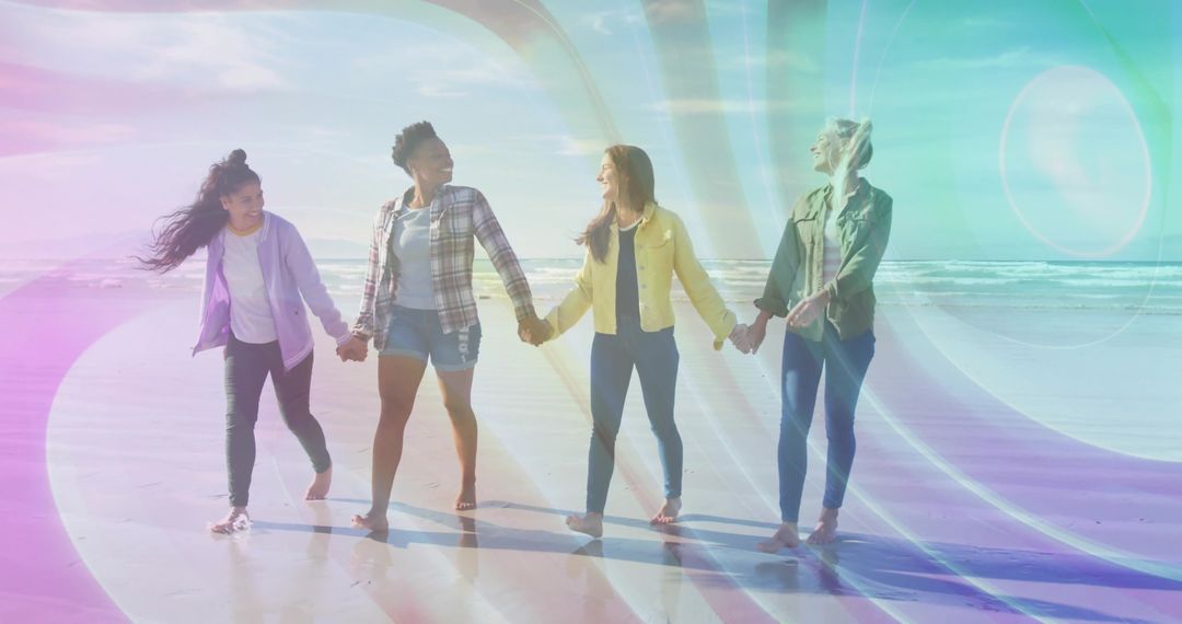 Diverse Friendship Group Holding Hands on Sunny Beach