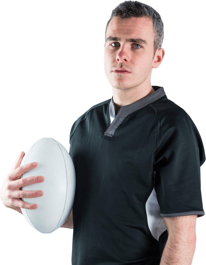 Transparent Image of Male Rugby Player Holding Ball with Determined Expression