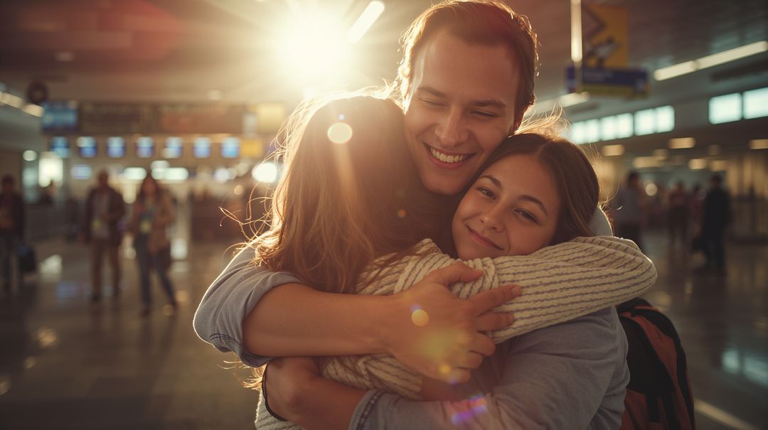 Backlit Family Reuniting in Warm Sunlit Group Hug at Busy Airport Terminal