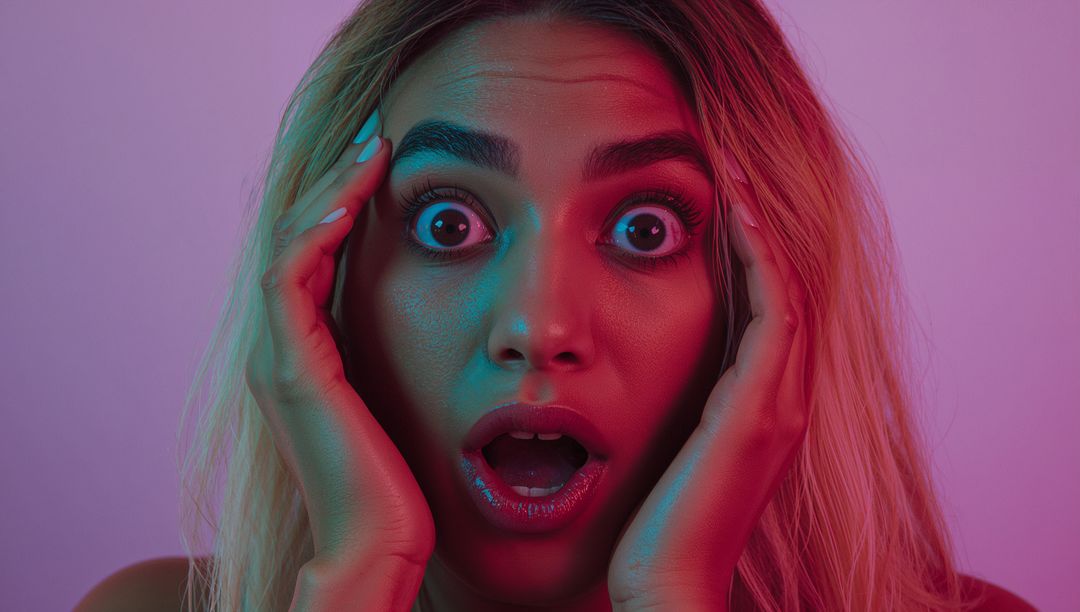 Shocked Woman with Gradient Lighting in Studio