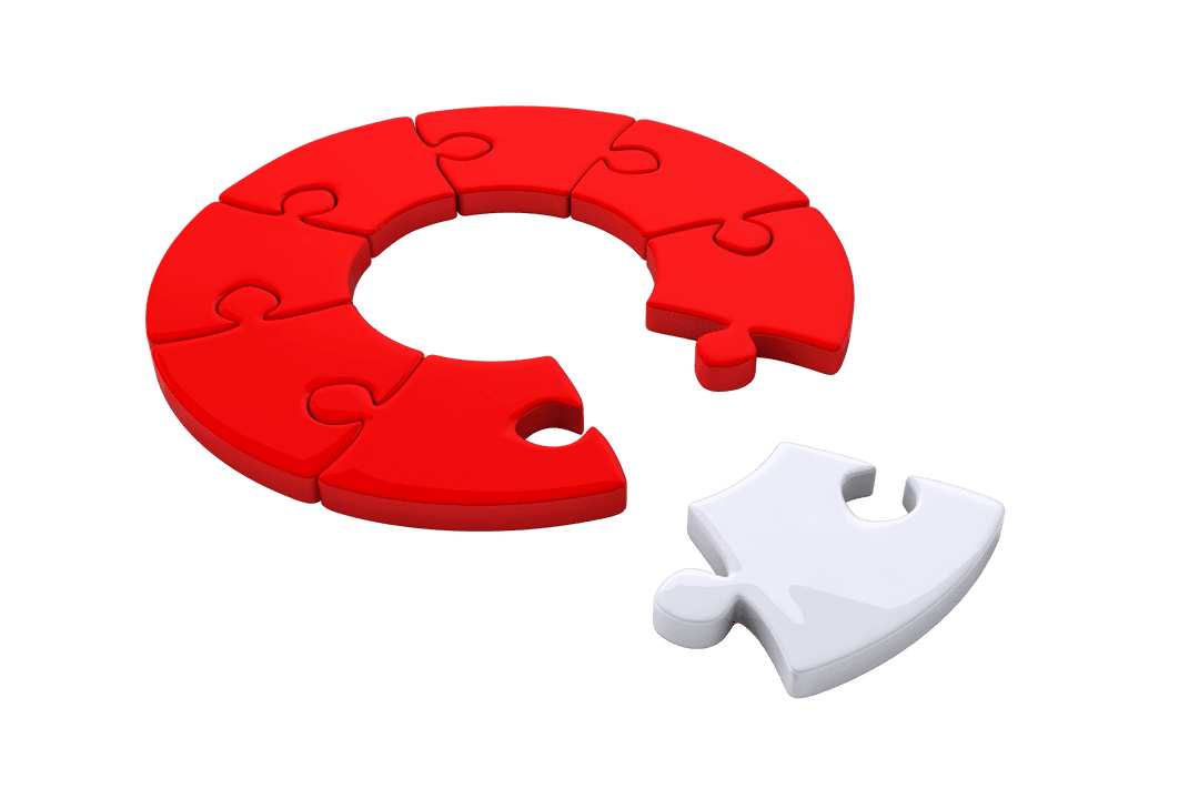 Circular Red Puzzle with Missing White Piece on Transparent Background