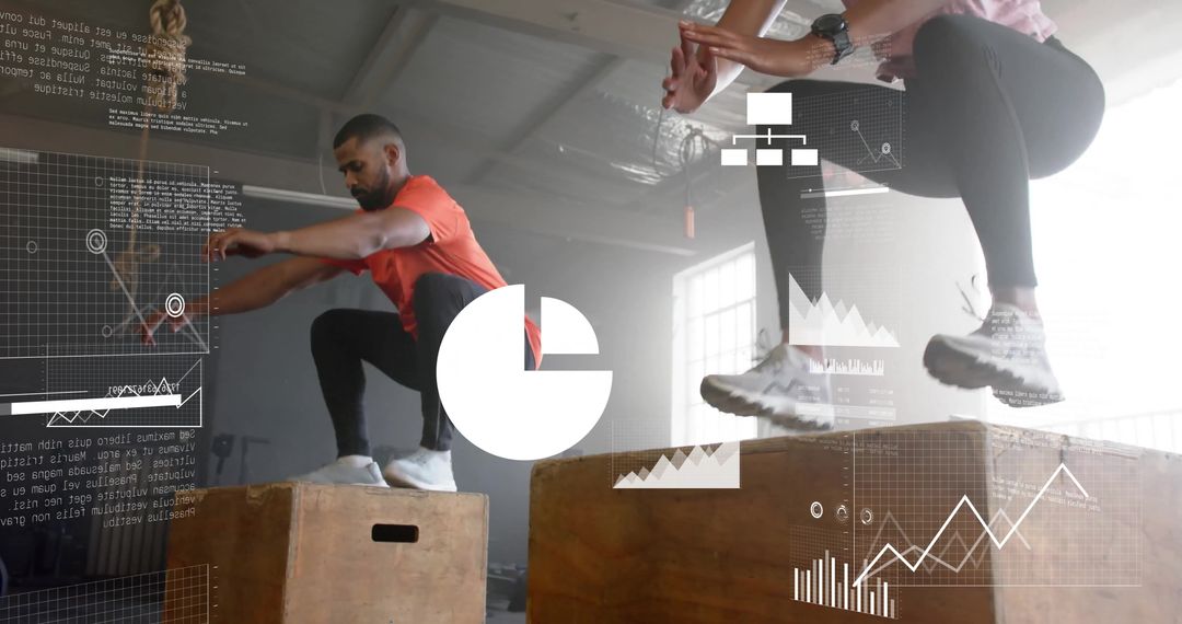 Athletes Jumping with Data Overlay in Modern Gym