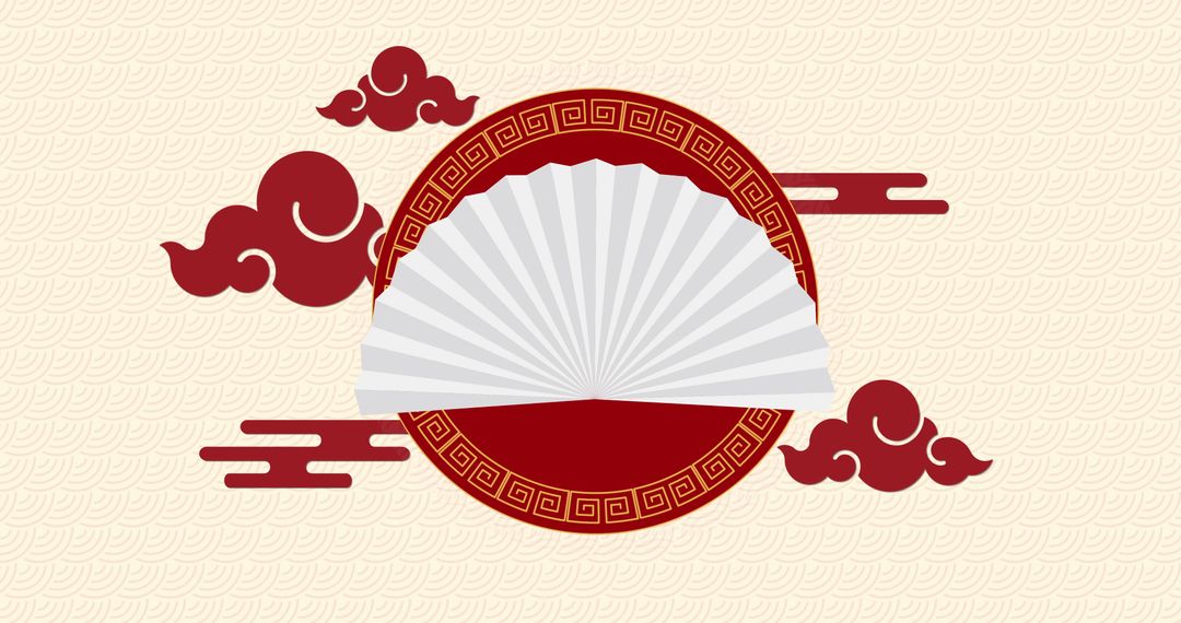 Decorative Chinese New Year Pattern with Red Fan and Clouds
