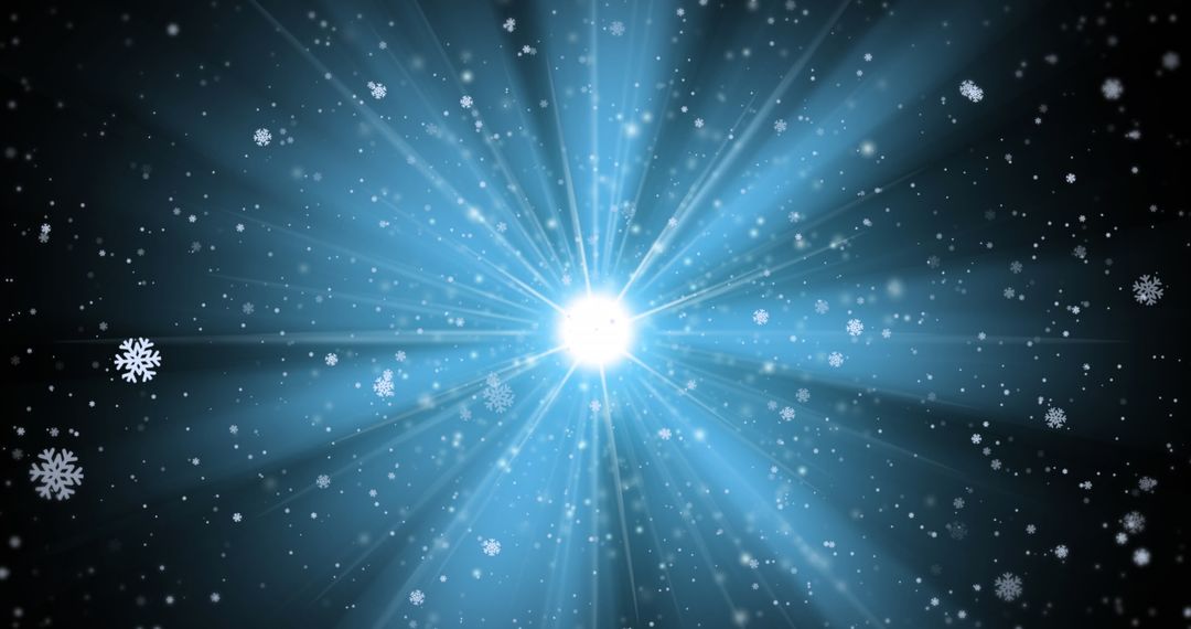 Bright Light and Falling Snowflakes on Blue Background