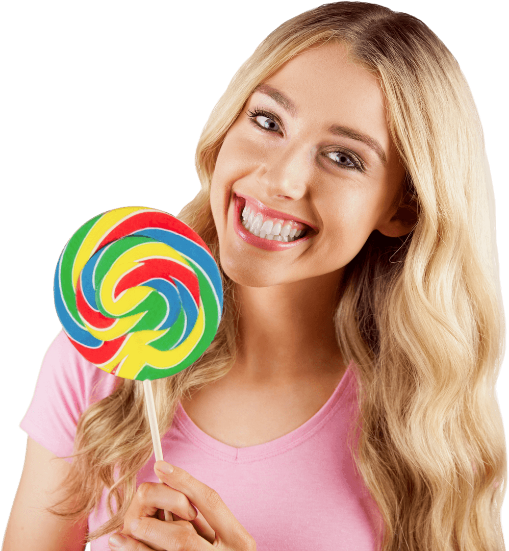 Woman Holding Colorful Lollipop Happy Expression Isolated Transparent