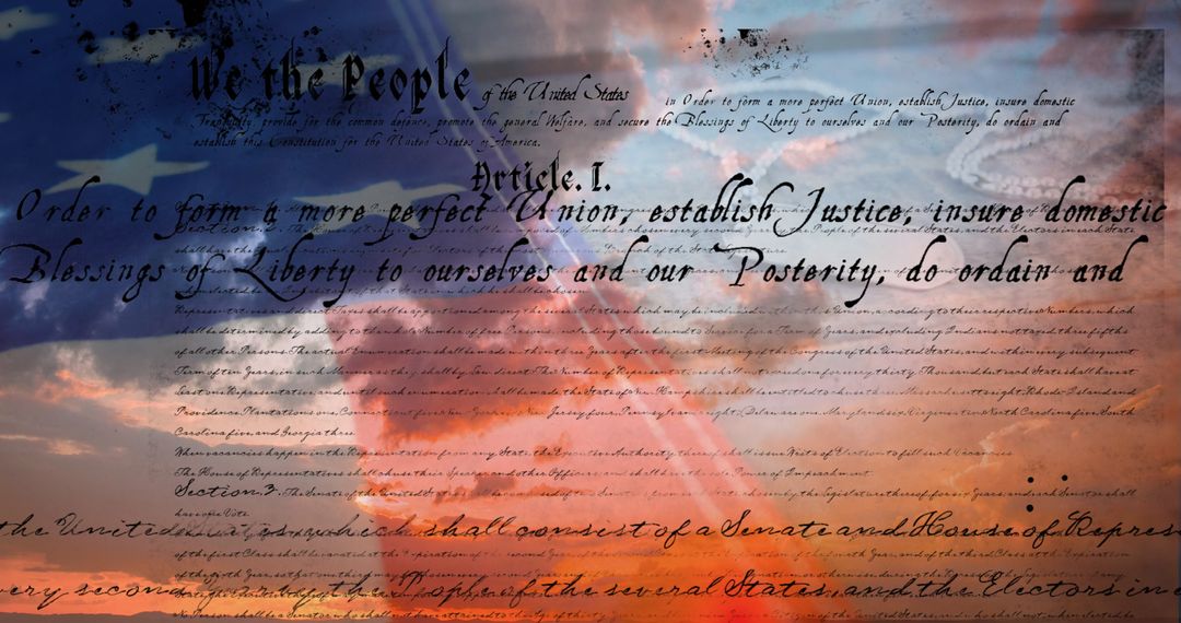 United States Constitution with American Flag and Cloudy Sky