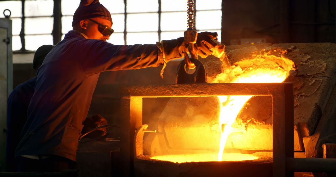 Factory Worker Pouring Molten Metal in Furnace - Free Images, Stock Photos and Pictures on Pikwizard.com