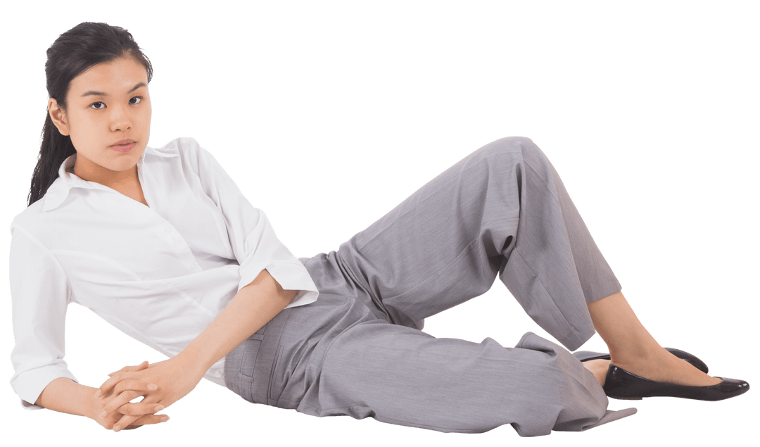 Confident Asian Businesswoman in Relaxed Pose on Transparent Background