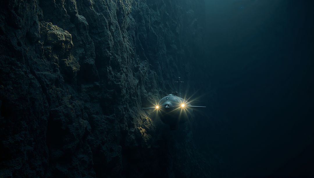 Deep Trench Submersible Navigating Cliffside Abyss with Forward Spotlights