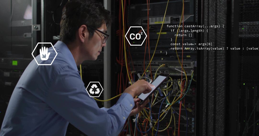 Technician Using Tablet with Eco Icons in Data Center