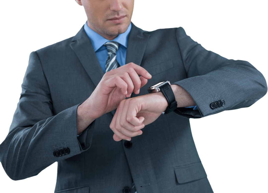 Businessman in Suit Checking Smartwatch on Transparent Background