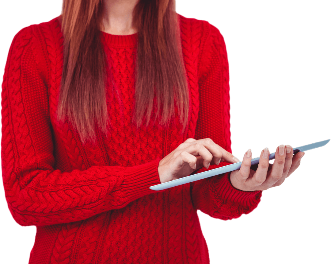 Woman in Red Sweater Using Transparent Tablet