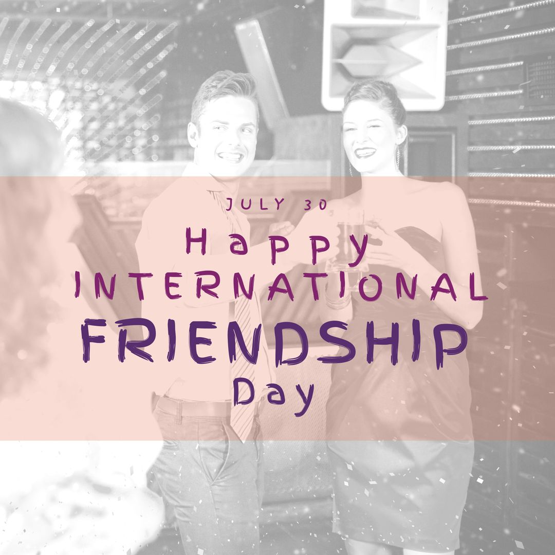 Happy international friendship day text with happy caucasian male and female friend making a toast - Download Free Stock Templates Pikwizard.com